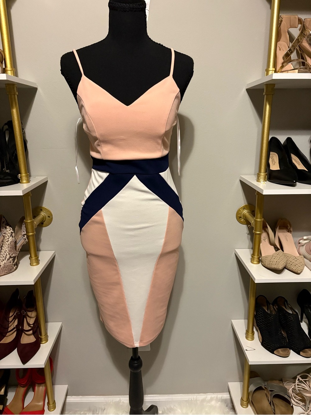 a'gaci Peach, White & Navy Colorblock Pencil Dress